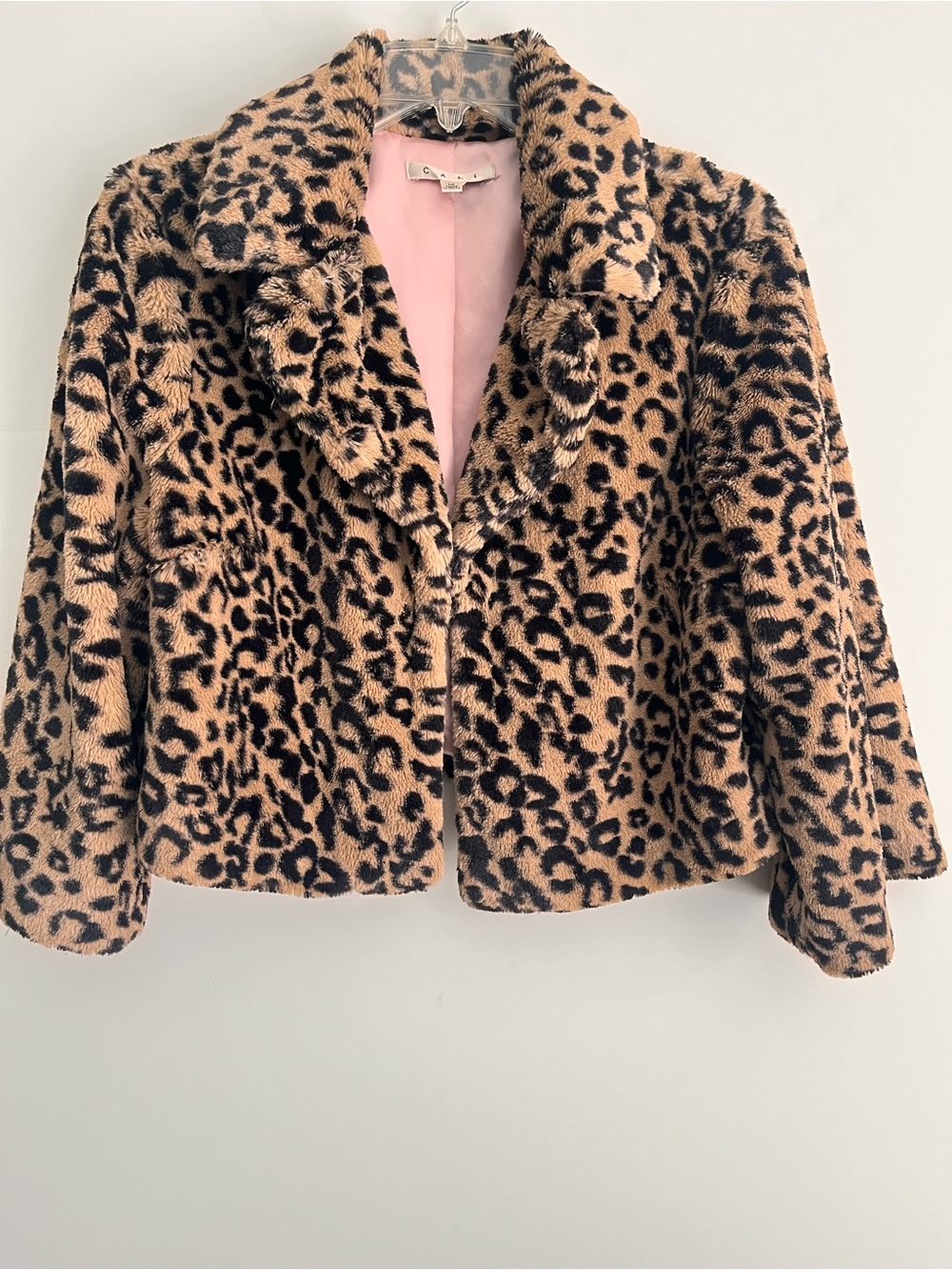 CAbi Florian Faux Fur Teddy Jacket Leopard Print Cropped Collar Lined Womens M